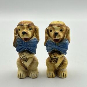 Vintage Ceramic Dog Cocker Spaniel Salt & Pepper Shakers  Blue Bows Japan 1950s